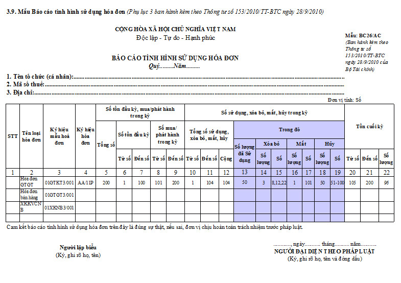 On the Invoice Usage Report (BC26/AC), businesses need to declare the number of DELETED, CANCELED and LOST invoices.