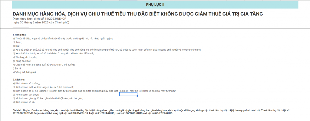 Danh mục hàng hóa, dịch vụ chịu thuế tiêu thụ đặc biệt không được giảm thuế giá trị gia tăng