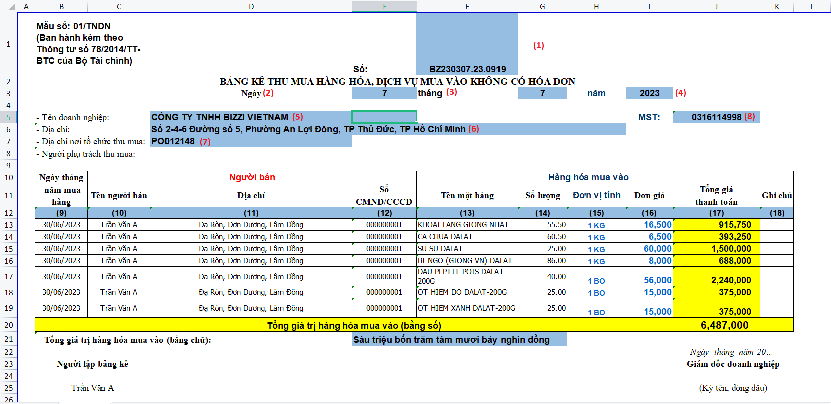 Mẫu Bảng kê thu mua hàng hóa mà Bizzi cung cấp