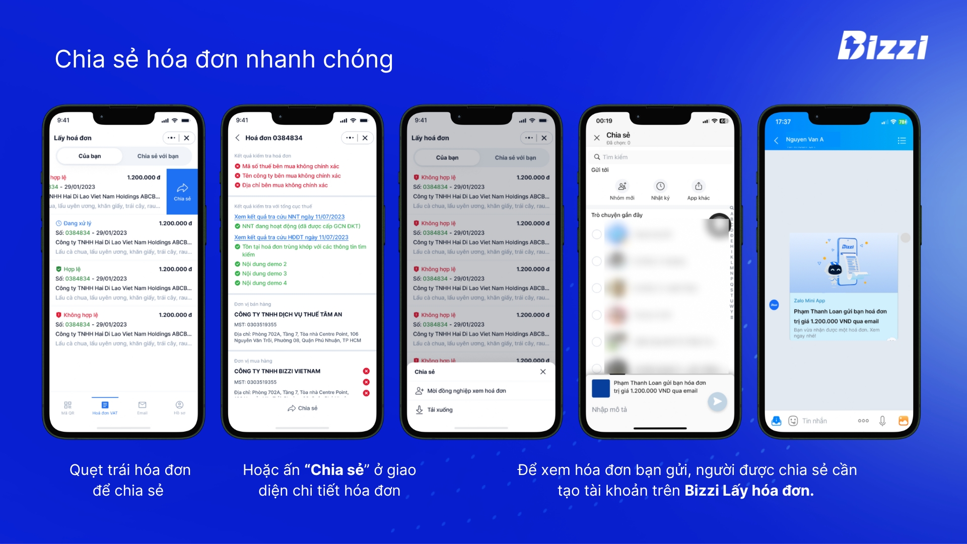 Chia sẻ hóa đơn nhanh chóng trên Bizzi Lấy hóa đơn ở Zalo mini app