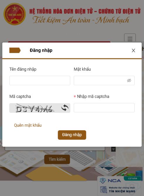 Cửa sổ Đăng nhập trên Cổng Hóa đơn điện tử của cơ quan thuế với liên kết Quên mật khẩu