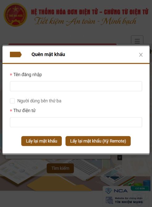 Biểu mẫu Quên mật khẩu của Cổng Hóa đơn điện tử với ô Tên đăng nhập, Thư điện tử và hai lựa chọn lấy lại mật khẩu