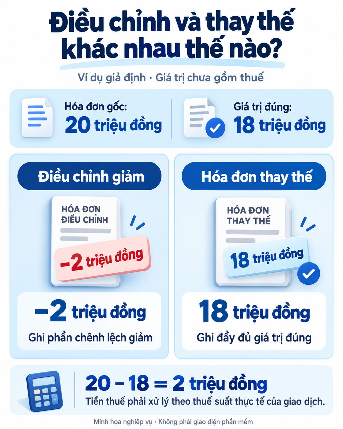 For example: the original invoice is for 20 million VND, the correct value is 18 million VND; an adjustment is made to reduce the amount by 2 million VND, and the replacement invoice shows the correct value of 18 million VND.
