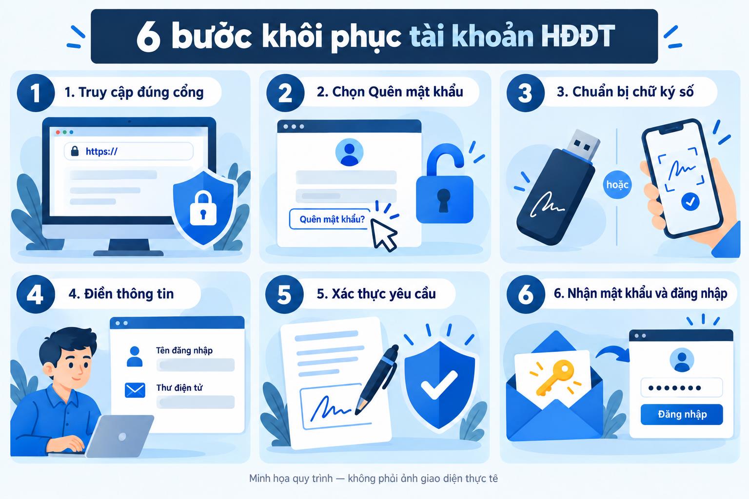 Sơ đồ minh họa sáu bước khôi phục quyền truy cập tài khoản hóa đơn điện tử: vào cổng, chọn Quên mật khẩu, chuẩn bị chữ ký số, điền thông tin, xác thực và đăng nhập lại