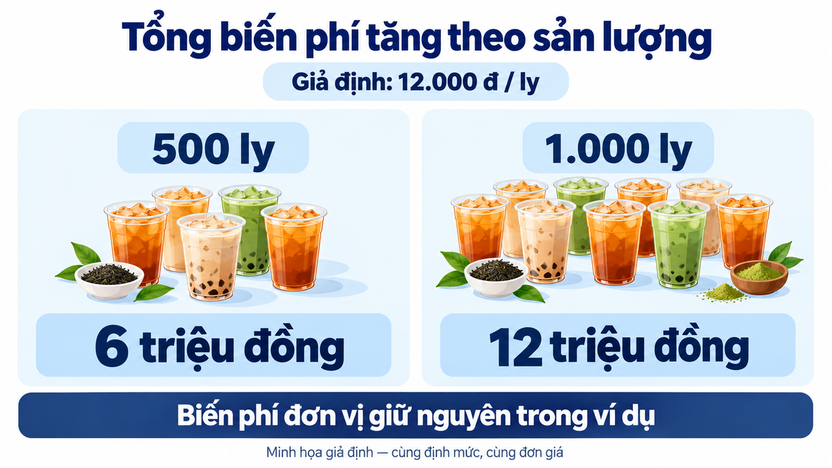 For example, assuming a variable cost of 12,000 VND per cup: 500 cups would cost 6 million VND and 1,000 cups would cost 12 million VND.