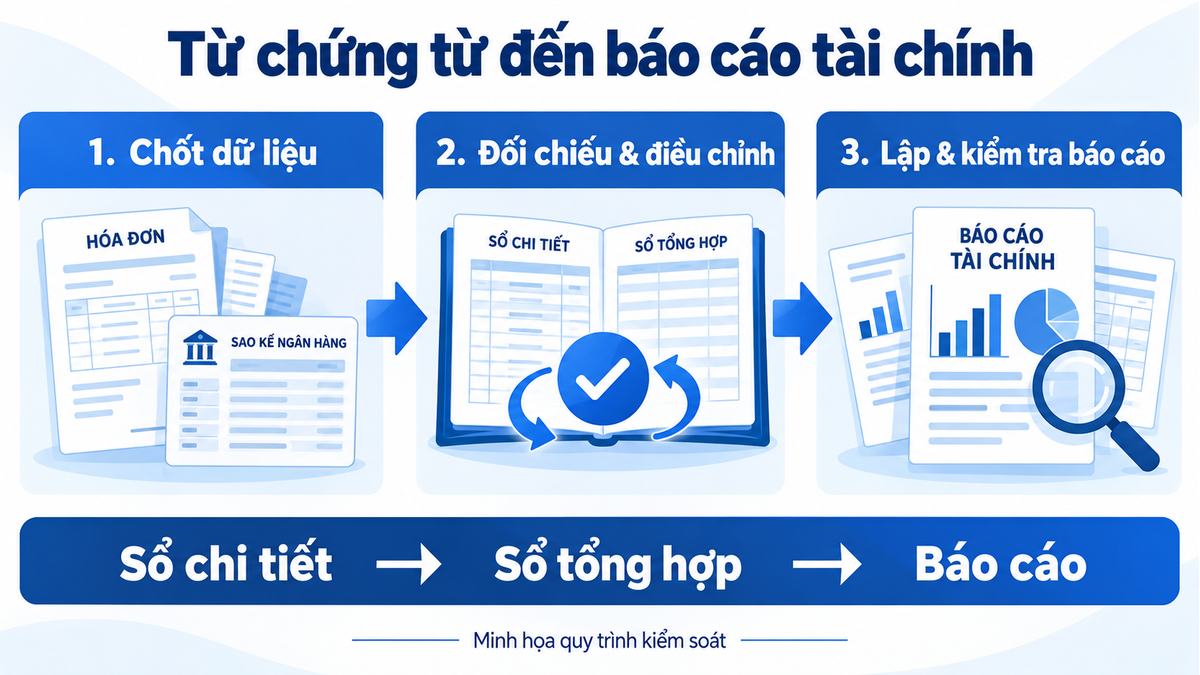 Quy trình từ chốt dữ liệu, đối chiếu và điều chỉnh đến lập và kiểm tra báo cáo tài chính