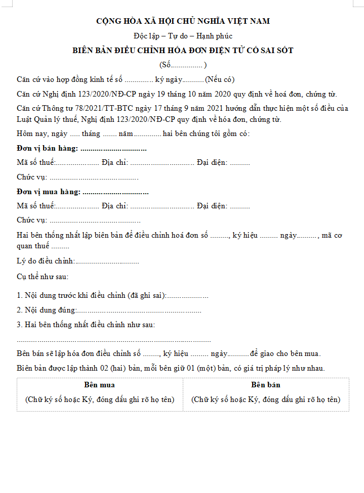 Mẫu điều chỉnh chung cho trường hợp khác
