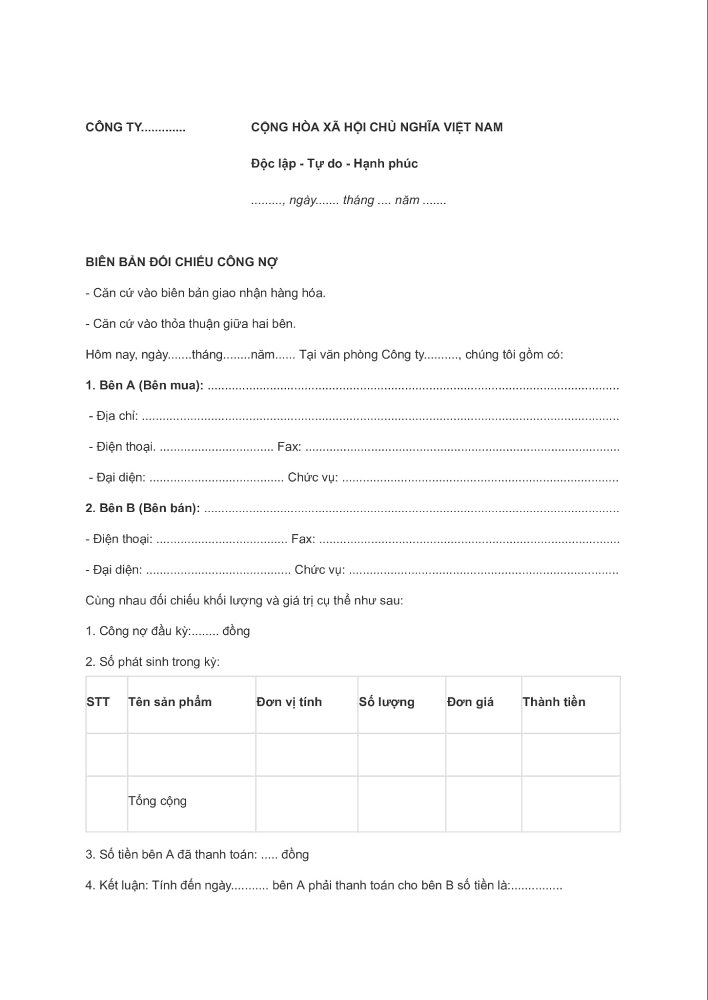 Tải mẫu biên bản đối chiếu công nợ file Word