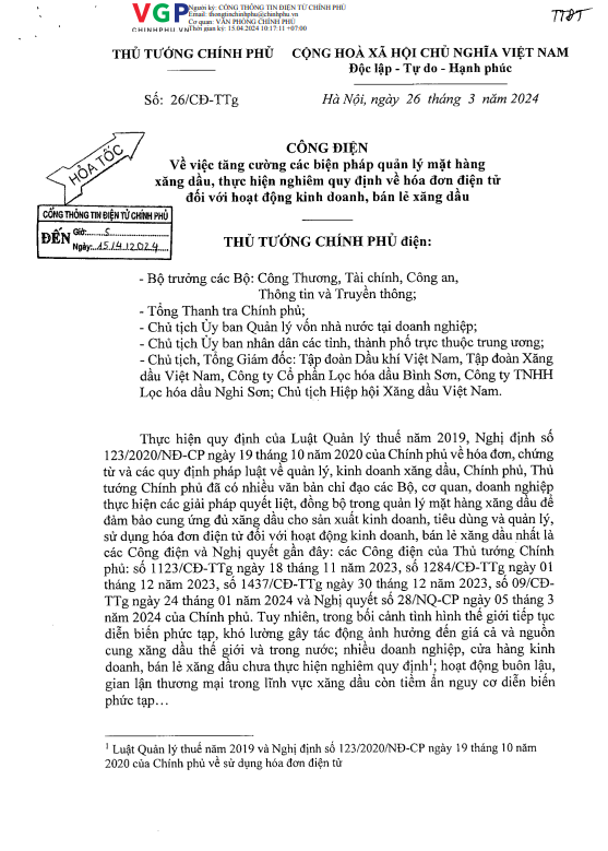 Công điện số 26/CĐ-TTg của Thủ tướng Chính phủ