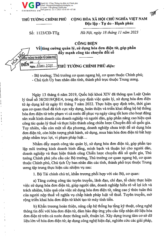 Công điện số 1123/CĐ-TTg của Thủ tướng Chính phủ: Về tăng cường quản lý, sử dụng hóa đơn điện tử, góp phần đẩy mạnh công tác chuyển đổi số