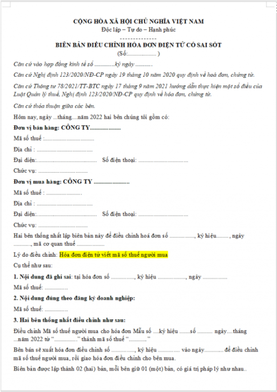 Mẫu biên bản điều chỉnh hóa đơn điện tử do ghi sai mã số thuế
