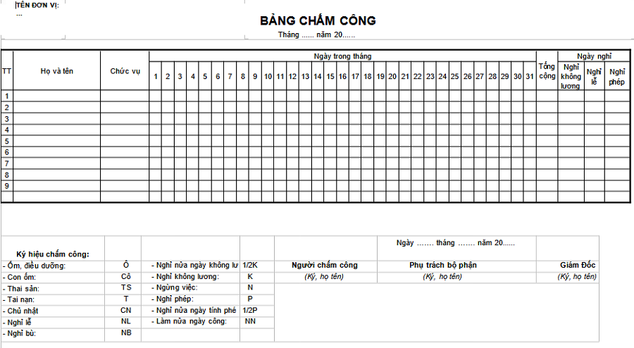 Tổng hợp 17 Mẫu Bảng Chấm Công Chuyên Nghiệp & Hiệu Quả Nhất 2025 16 mau-bang-cahm-cong-theo-thang