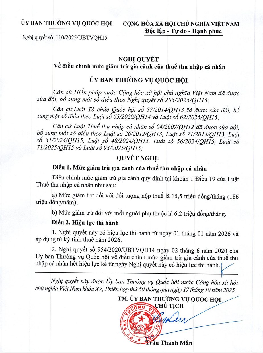 Bizzi Finance Hub 1 Nghị quyết 110/2025/UBTVQH15: Tăng mức giảm trừ gia cảnh từ năm 2026