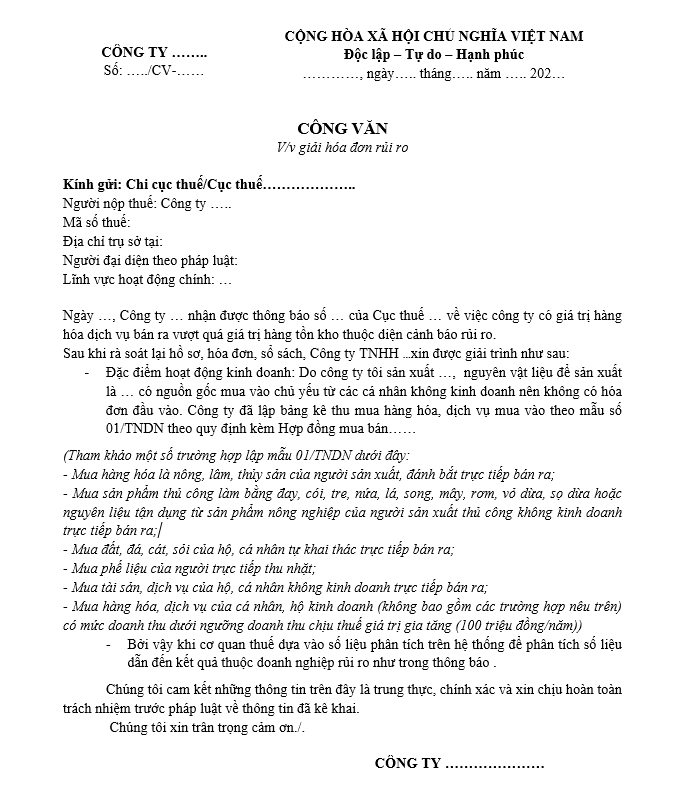 Letter of explanation regarding basic risk invoices