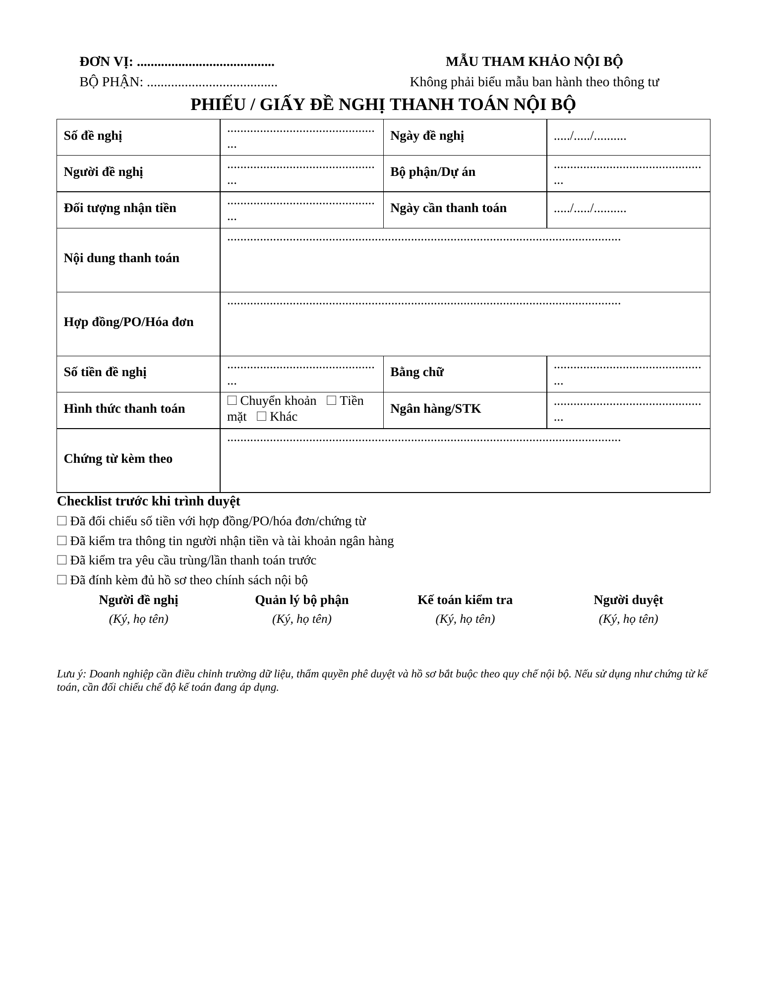 Mẫu đề nghị thanh toán nội bộ có trường hợp đồng hóa đơn và checklist duyệt