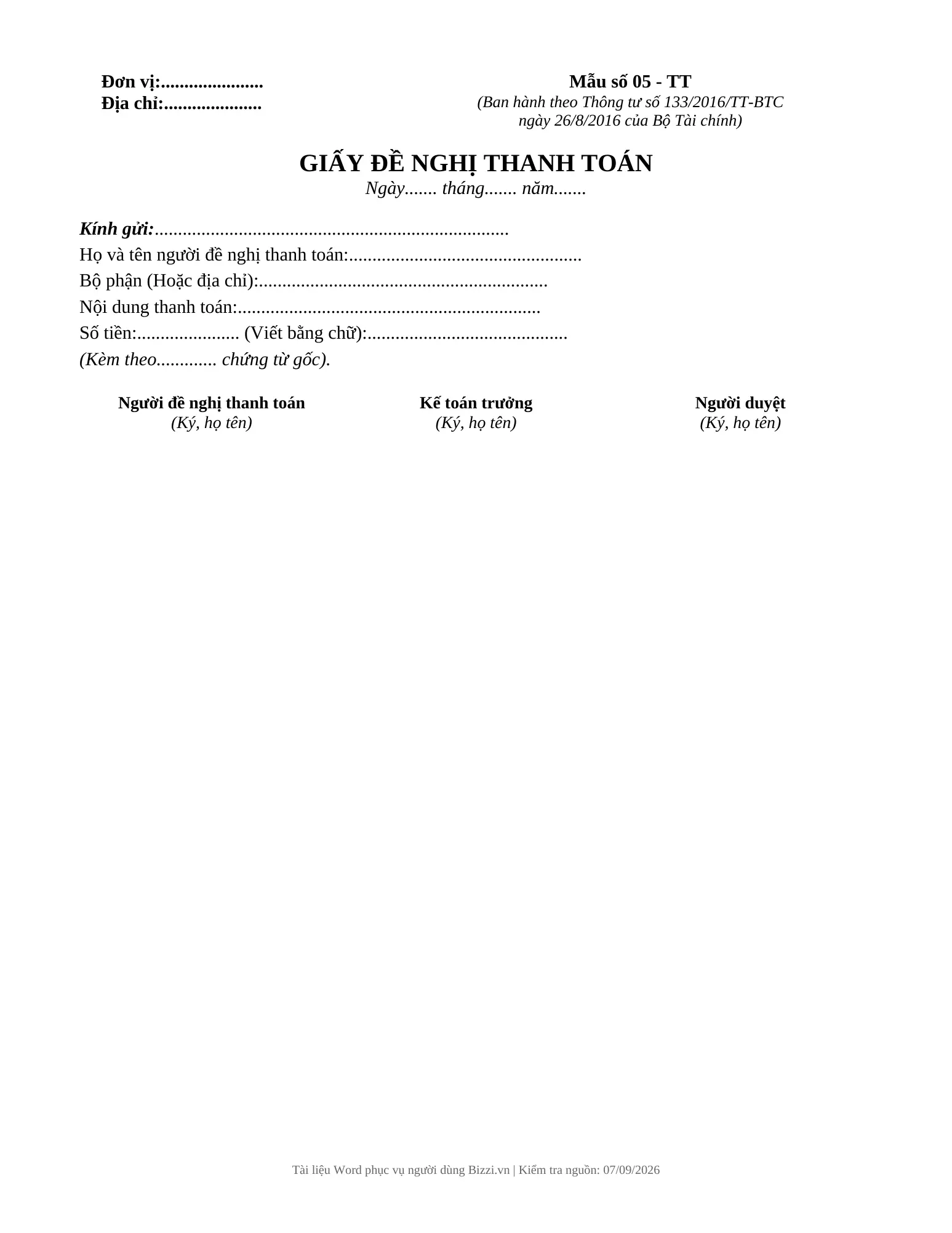 Mẫu 05-TT Giấy đề nghị thanh toán theo Thông tư 133/2016/TT-BTC