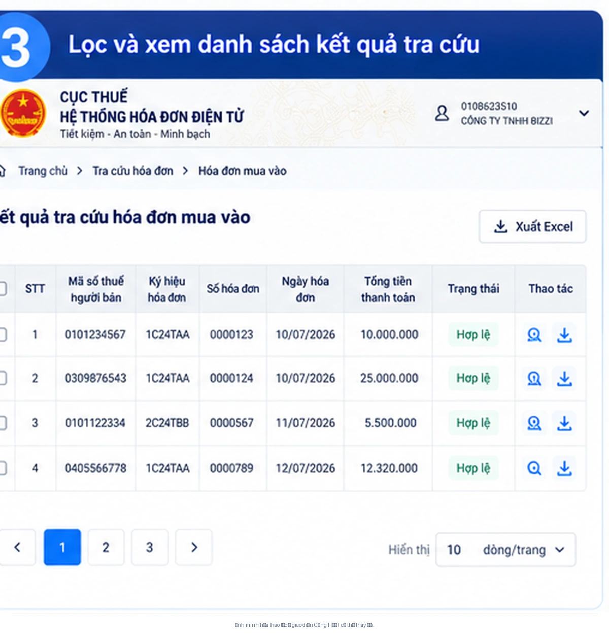 Minh họa bộ lọc và kết quả tìm kiếm hóa đơn điện tử