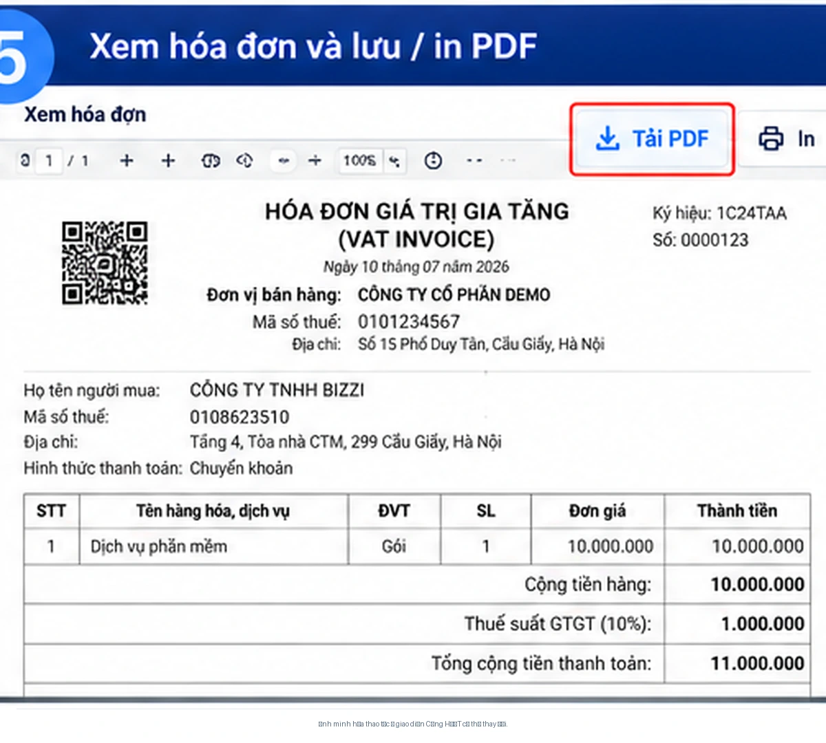 Minh họa xem, in và lưu PDF của hóa đơn điện tử