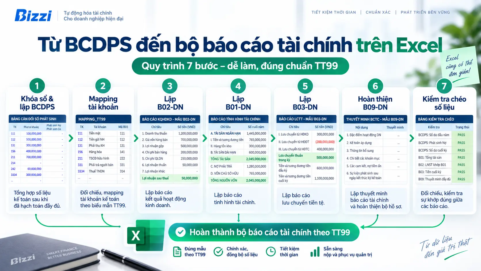 Quy trình 7 bước từ BCDPS đến bộ báo cáo tài chính trên Excel theo TT99
